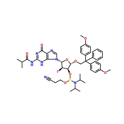 CAS 144089-97-4|5'-O-[Bis(4-metoxifenil)fenilmetil]-2'-deoxi-2'-fluor-N-({2-metil-1-oxopropil) guanozină 3'-[2-cianoetil N,N-bis({1-metiletil)fosforamidit]